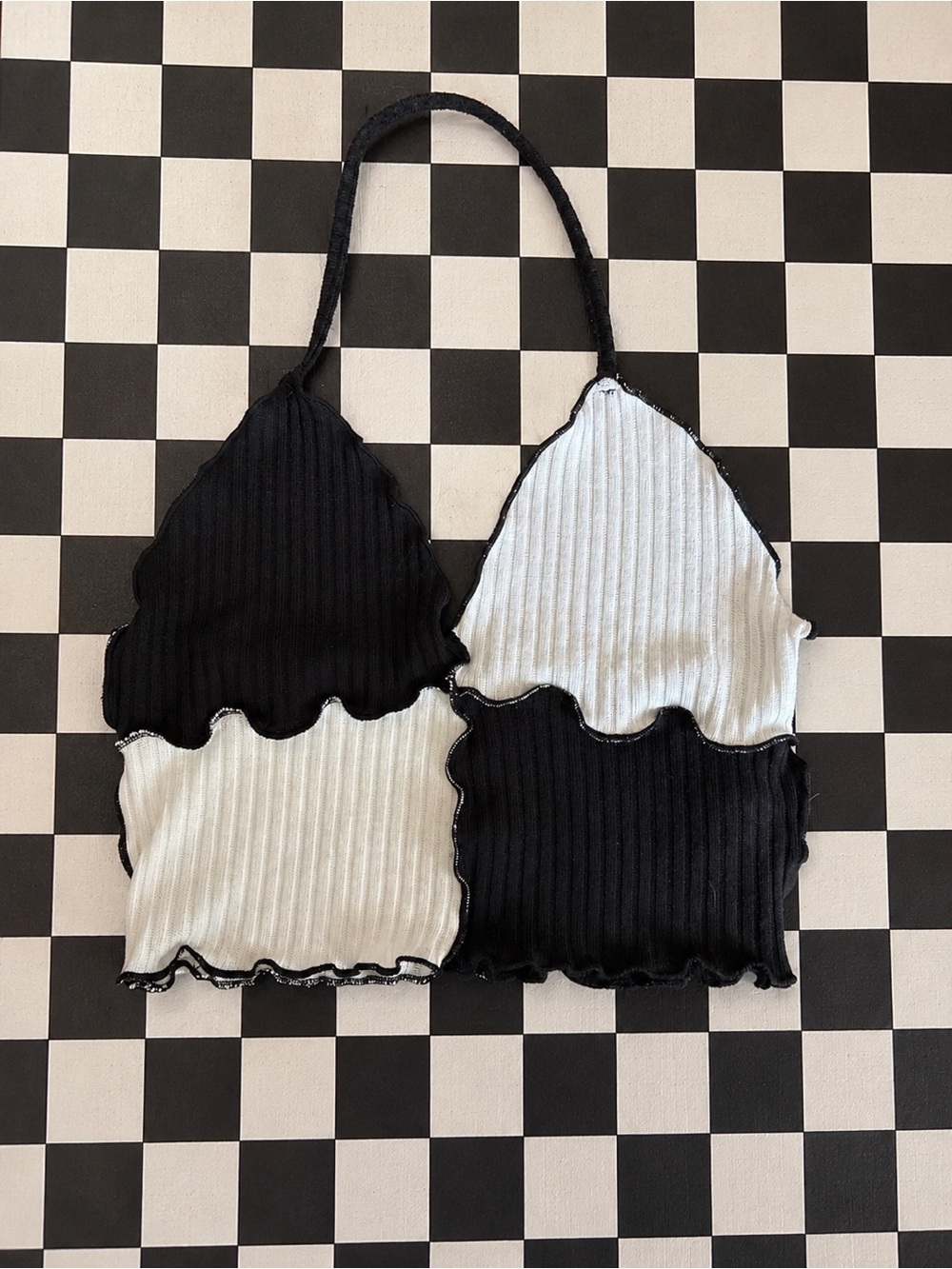 Black & White Patchwork Ribbed Halter Top